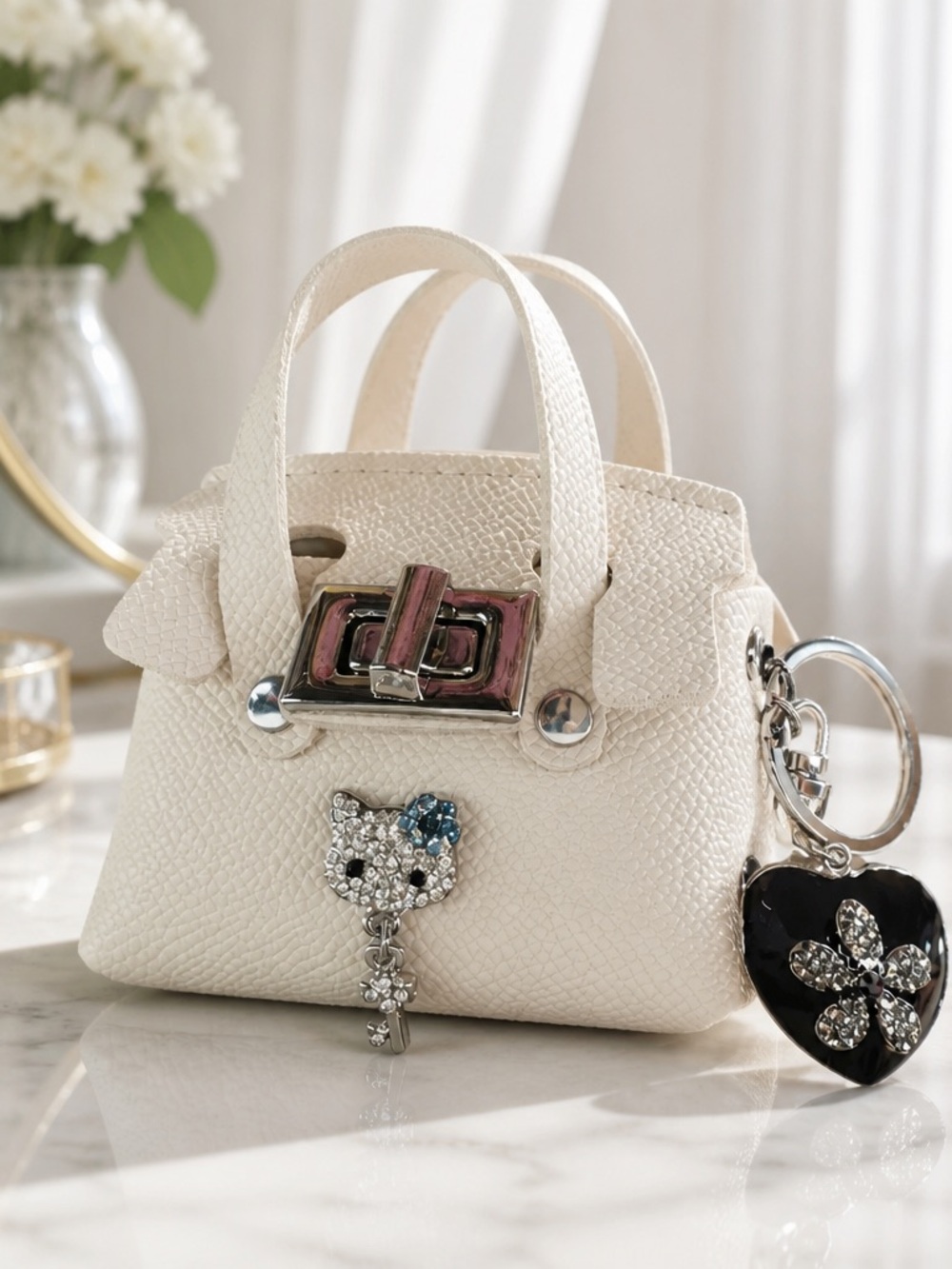 Cream Mini Satchel Bag with Crystal Charm